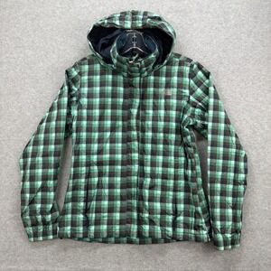 North Face Rain Jacket Womens Medium Green Blue Check HyVent Hooded Packable
